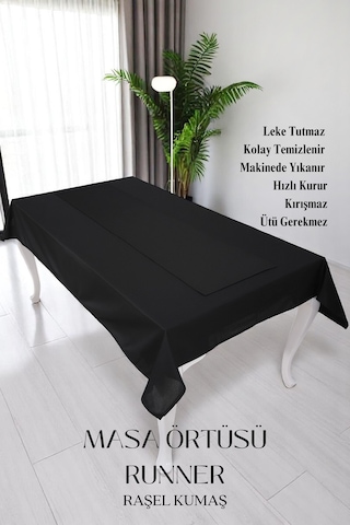 Smooth Set Masa Örtüsü Ve Runner Seti Sofra Bezi Çeyiz Seti Masa Örtüsü Ve Runner Siyah