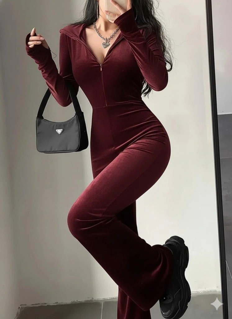 S-pazarım Kadın Uzun Kollu Kapşonlu Fermuarlı Kadife Tulum Bordo