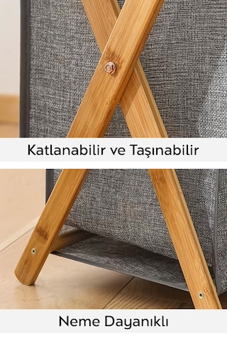 Katlanır Bambu Çamaşır Sepeti - Yıkanabilir İç Hazneli Natural Kirli Çamaşır Sepeti 40 Lt Gri Gri