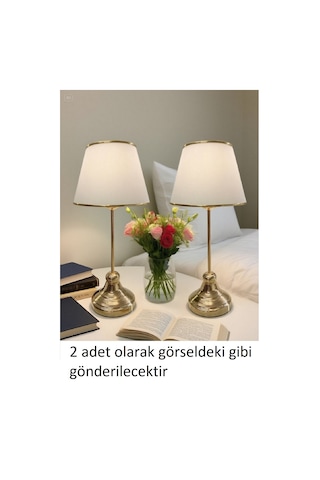 2 Adet Gold Kaplamalı Krem Kumaş Başlıklı Masa Abajuru Yatak Başı Lambası Aydınlatma Lamba