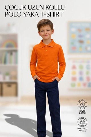 Erdem Kıds Unisex Kız Erkek Çocuk Polo Yaka Pamuklu Uzun Kol Oranj-turuncu-orange Günlük Basic Okul Tişört Orange Orange