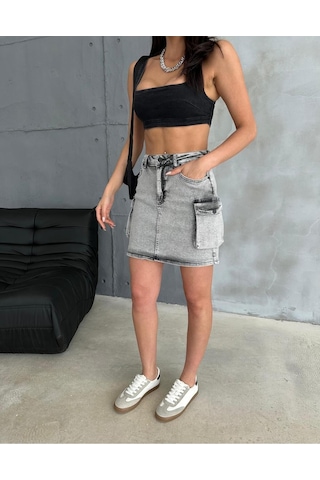 Zeo Basic Kargo Cep Detaylı Grey Ice Wash Mini Denim Etek Gri