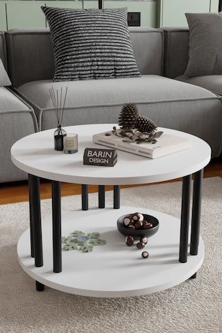 Modern Yuvarlak Orta Sehpa Çift Katlı Siyah Metal Ayaklı Salon, Ofis, Dekoratif Masa Beyaz