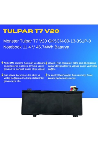 Monster Tulpar T7 V20 Gk5cn-00-13-3s1p-0 Notebook 11.4 V 46.74wh Batarya Uyumlu, Yüksek Performanslı 90743886