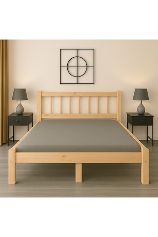 160cm X 200cm Doğal Masif Ahşap Yuvarlak Çıtalı Başlıklı Karyola Doğal Ahşap Natural Renk