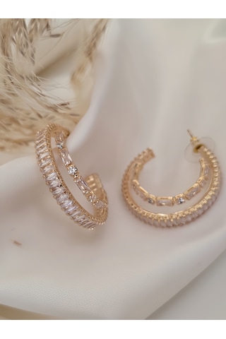 İkili Yarım Halka Model Zirkon Taşlı Antialerjik Vip Halka Gold Renk Küpe Antialerjik Gold