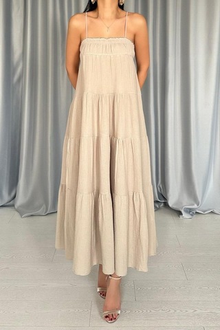 Taş Askılı Parçalı Müslin Elbise Altın