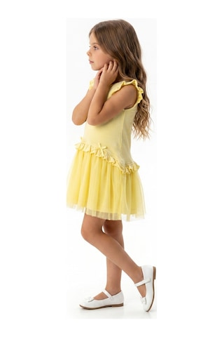 Toontoy Kids Toontoy Kız Çocuk Regular Fit Bisiklet Yaka Fırfır Kol Fiyonk Detaylı Tüllü Elbise 25047 Açık Sarı