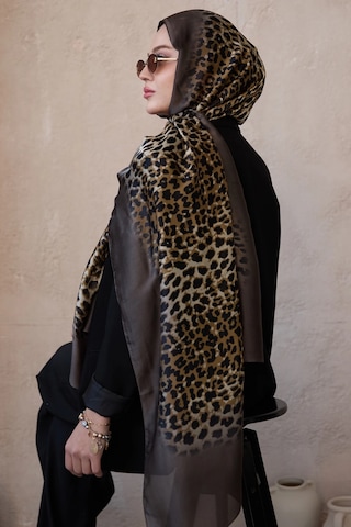 Miorel Scarfs Leopar Desen Vual İpek Şal Fular Silk Scarfs Shawl Hijab Kahve Kenar