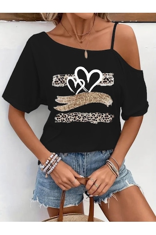 Modaserdem Kadın Tek Omuzu Açık Ip Askılı Baskılı Viskon Bluz Siyah