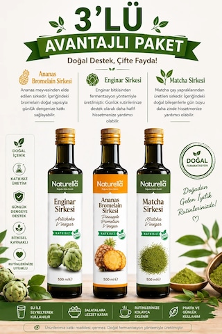 Naturella Ananas Bromelian, Enginar & Matcha Sirke Seti 3 X 500 Ml