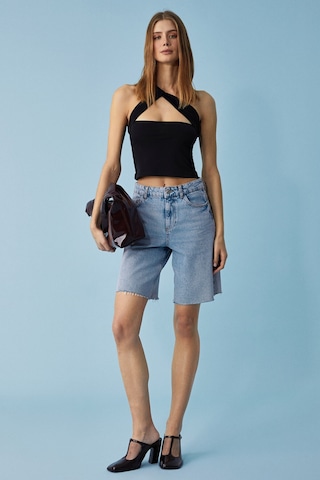 Ethıquet Ujeran Kadın Asimetrik Yaka Slim Fit Kolsuz Siyah Bluz
