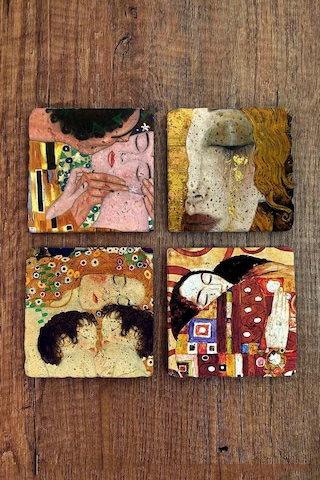 Doğaltaş Bardak Altlığı 4'lü Set - Uv Baskılı Doğal Taş Bardak Altı - Gustav Klimt Eserleri Çok Renkli