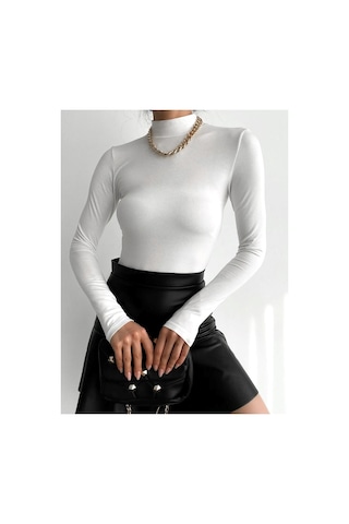 Unika Boutique Uzun Kollu Boğazlı Likralı Penye Badi Beyaz
