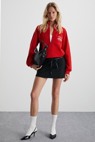 Ethıquet Meybelına Kadın Organik Pamuklu Kemik Fermuarlı Dik Yaka Yazılı Baskılı Kırmızı Sweatshirt