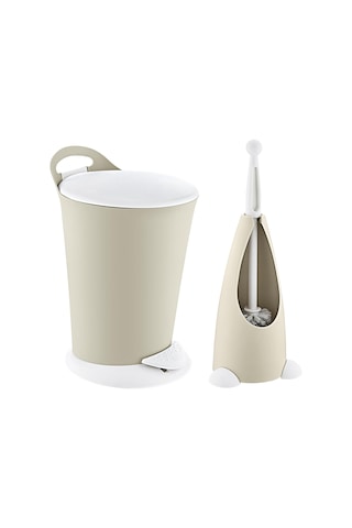 Penguen Pedallı Çöp Kovası Ve Klozet Fırçası Set Latte Siyah