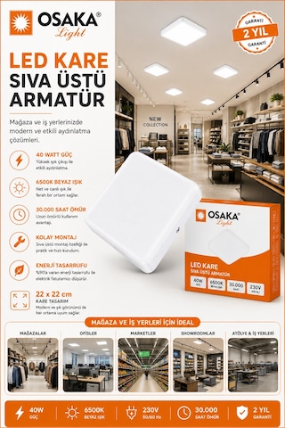 10 Adet Osaka 40w Kare Sıva Üstü Armatür Beyaz Işık 6500k