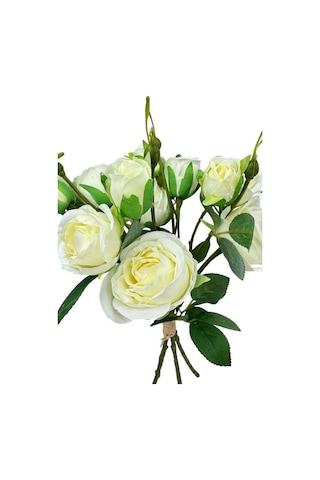 Yapay Çiçek Beyaz Gül 8 Gül 4 Tomurcuklu Lüx Demet Gelin Çiçeği Buketi Masa Üstü Vazo Çiçeği 47cm