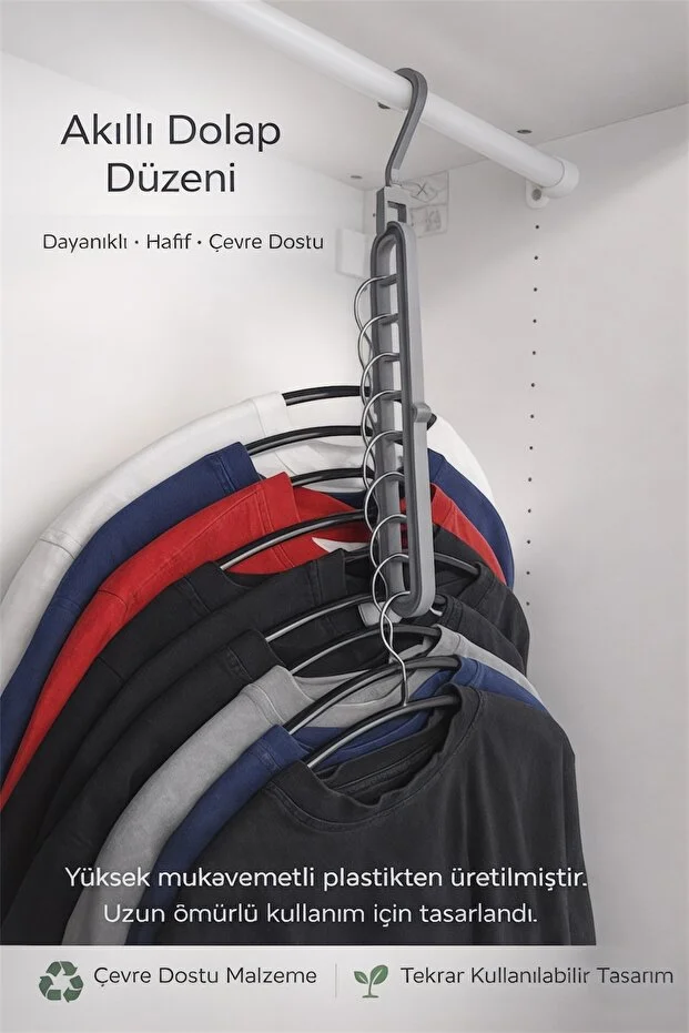 Akıllı Dolap Düzenleyici Askı Yer Kazandıran Çoklu Askı Dayanıklı & Çevre Dostu Açık Gri