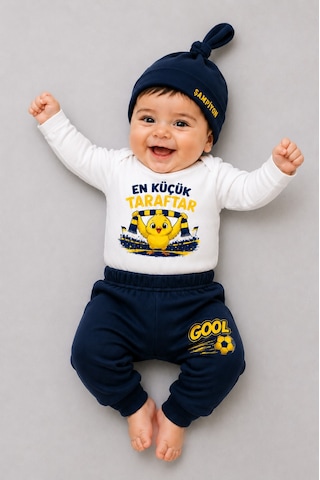 Babyden's %100 Pamuk Sarı Lacivert En Küçük Taraftar 3'lü Yenidoğan Bebek Takımı Uzun Kollu Body Pantolon Şapka Set