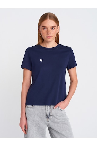 Dilvin 30584 Bisiklet Yaka Pamuklu T-shirt-lacivert Lacivert