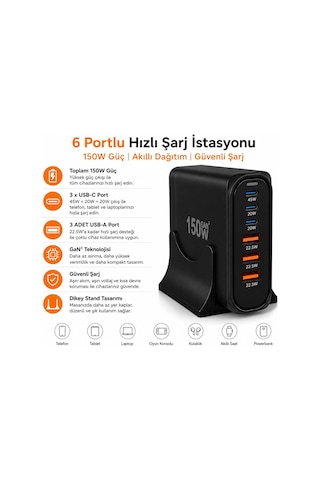 Orret Home 150w Gan Hızlı Şarj İstasyonu, 6 Portlu Masaüstü Şarj