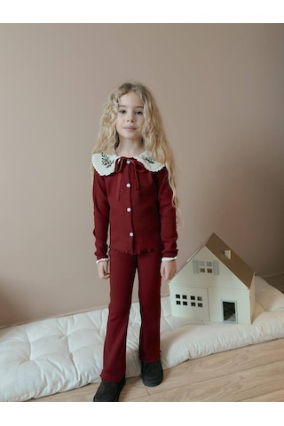 Miniko Kids Kız Çocuk Yaka Dantelli Fitilli Kaşkorse Bayramlık Taytlı Takım Bordo