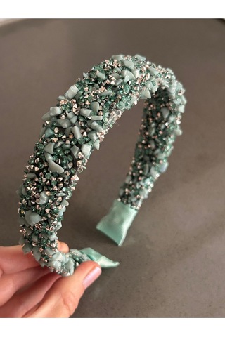 Doğal Taşlı Su Yeşili Kadın Kalın Model Kristal Nişan Mezuniyet Düğün Abiye Taç Yeşil