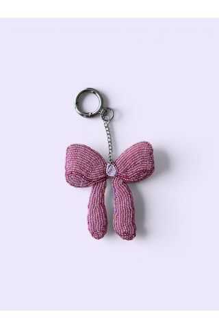 Pembe Fiyonk Çanta Charmı El İşlemeli Boncuk Detaylı Bag Charm
