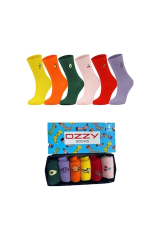 Ozzy Socks Meyve Nakışlı Renkli Çorap Kutusu 6'lı Çok Renkli