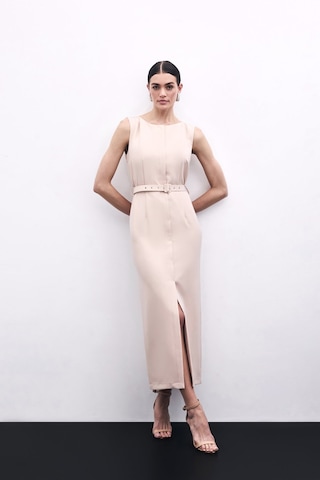Sateen Kemerli Kalem Elbise - Bej-135812 Bej