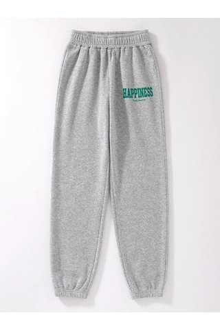 Kadın Gri Happiness Baskılı Lastik Paça Eşofman Altı Jogger 2 Iplik Şardonsuz Gri