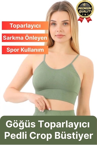 Svein Göğüs Toparlayıcı Sarkma Önleyen Gündelik Spor Kullanım İnce İp Askılı Pedli Çizgili Crop Büstiyer Yeşil