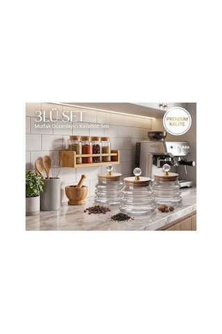 Kristal Kulplu Bambu Kapaklı Dalgalı Borosilikat Cam Kavanoz 400ml - Lüks Mutfak & Banyo Saklama Kab Beyaz Beyaz