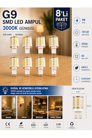 8 Adet 9w 750 Lm 3000k Günışığı G9 Smd Led Ampul