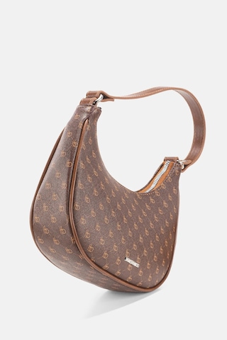 Housebags Kadın Vintage Kahverengi Logo Desenli Yarım Ay Kol Çantası Logo Desenli Kahverengi