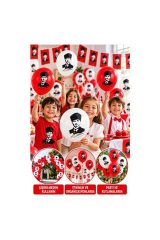 Atatürklü Balon 20 Adet Ata Balon Süsleme 29 Ekim 23 Nisan Kırmızı Beyaz Balon Bayrak Balon Bayram Beyaz - Kırmızı