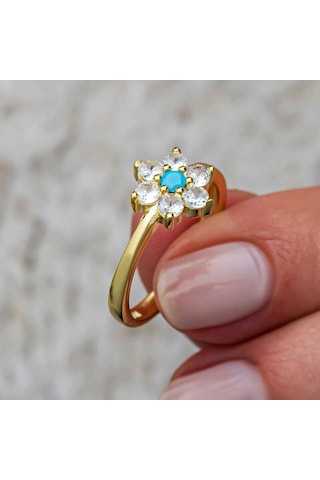Gümüş Mavi Taşlı Gold Çiçek Kadın Yüzük Sl11531