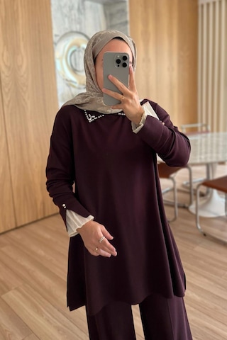 Ka Hijab Kolu Tüllü Merserize Takım - Mürdüm