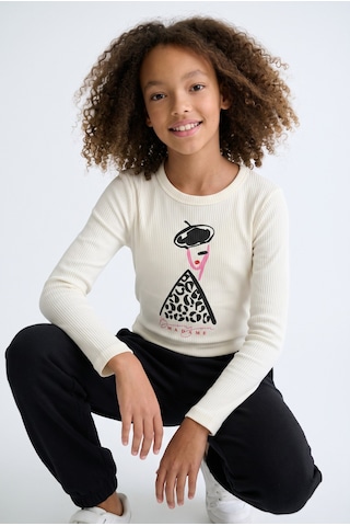 Minipomes 9-14 Yaş Kız Çocuk Baskılı Ribana Sweatshirt Krem
