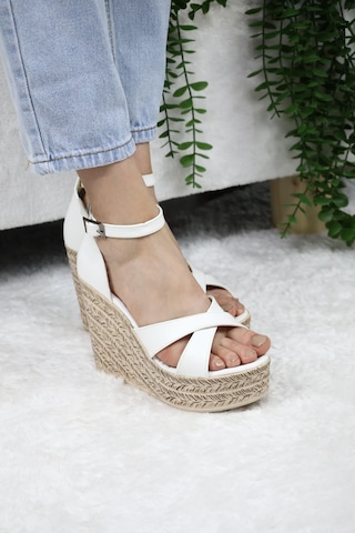 Asmi Shoes Kadın Çapraz Bantlı Dolgu Topuklu 11cm Ayakkabı Rahat Yüksek Topuklu 700 Beyaz Beyaz