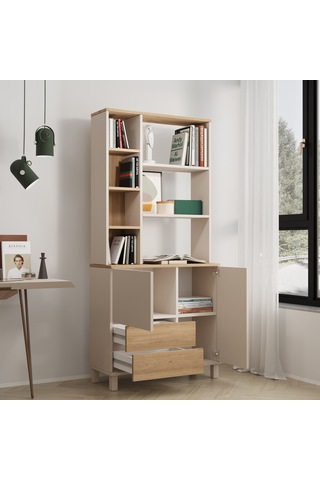 Robin Home Urban Kitaplık Raf Ahşap Ayaklı 188cm 2 Kapaklı 2 Çekmeceli Kumsal-sepet Bej