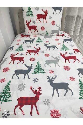Lionas Tek Kişilik Ara Beden 120x200 Ranforce Lastikli Çarşaf Takımı Yılbaşı Desen Beyaz