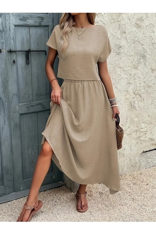 The İstanbul Kadın Kısa Kollu Bisiklet Yaka Bluz Etekli Ithal Keten Ikili Takım Bej