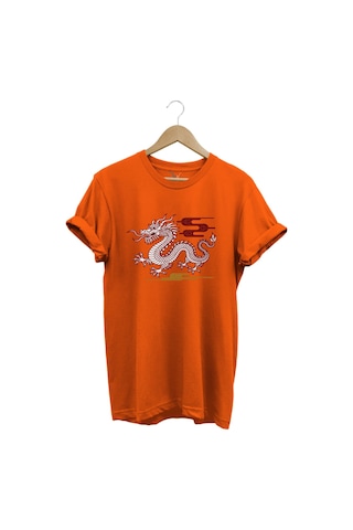 Mitolojik Asya Çin Ejderha Baskılı %100 Pamuk Regular Fit Bisiklet Yaka Turuncu T-shirt Turuncu