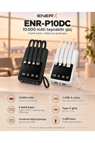 ENERX Enr-p10dc 10000 Mah 2.1A Dahili Kablolu Powerbank Beyaz