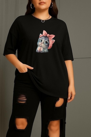 Büyük Beden Minnoş Kedi Baskılı Unisex Tişört SIYAH