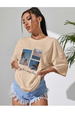 Noıssey Bej Baskılı Oversize Unisex