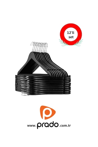 12 Adet Ahşap Görünümlü Plastik A Kalite Siyah Elbise Askısı