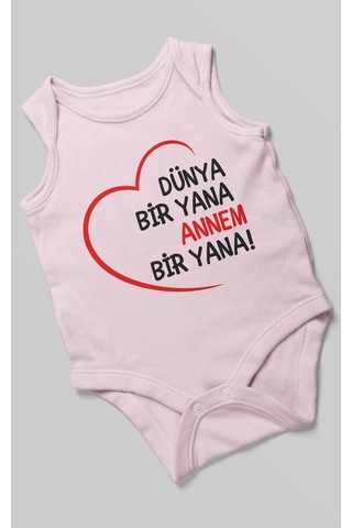 Morivokids Dünya Bir Yana Annem Bir Yana Sıfır Kollu Bebek Zıbını %100 Pamuk Bebe Pembe